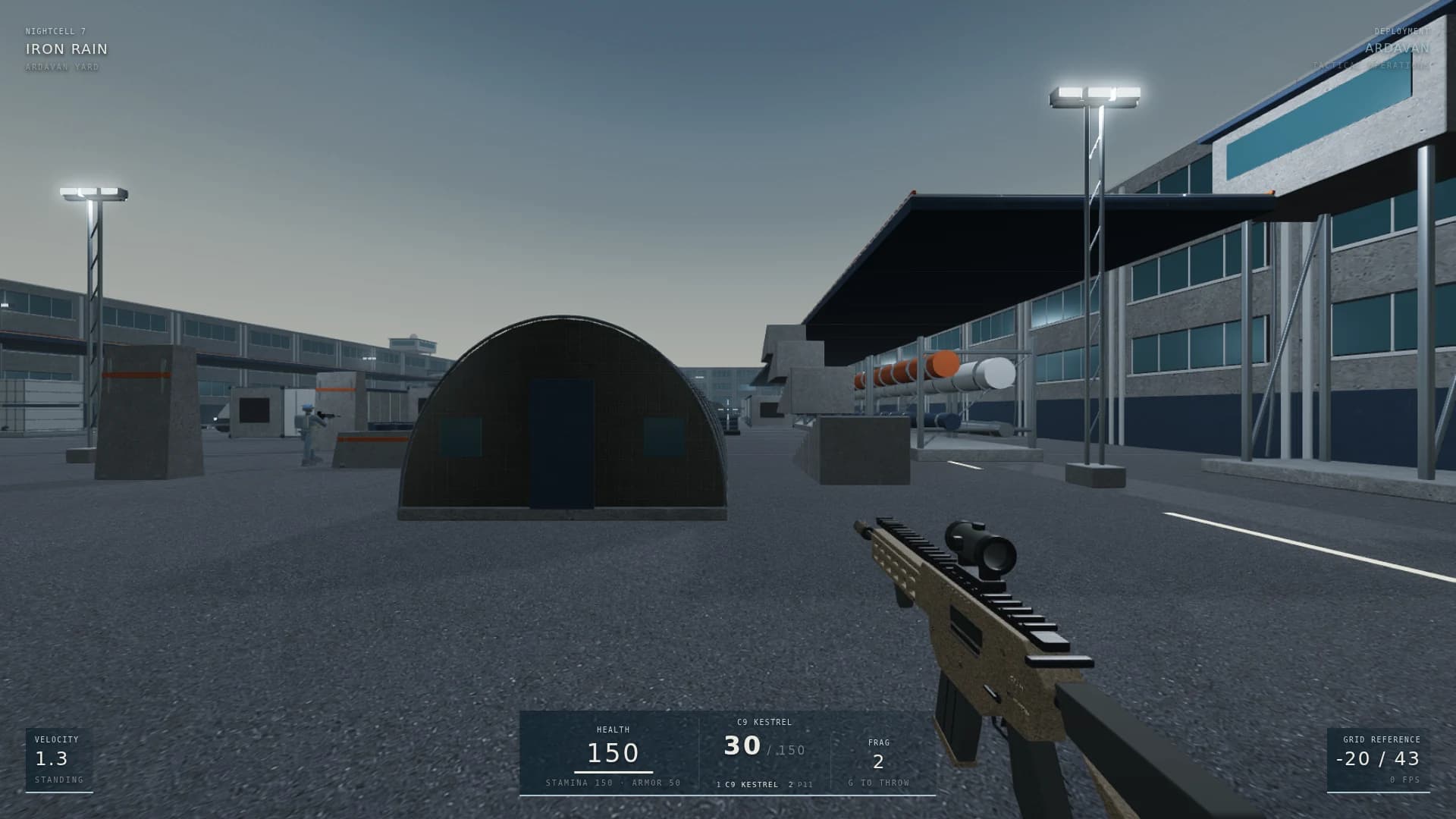 Moving up the centre lane between the containers, squad ahead.