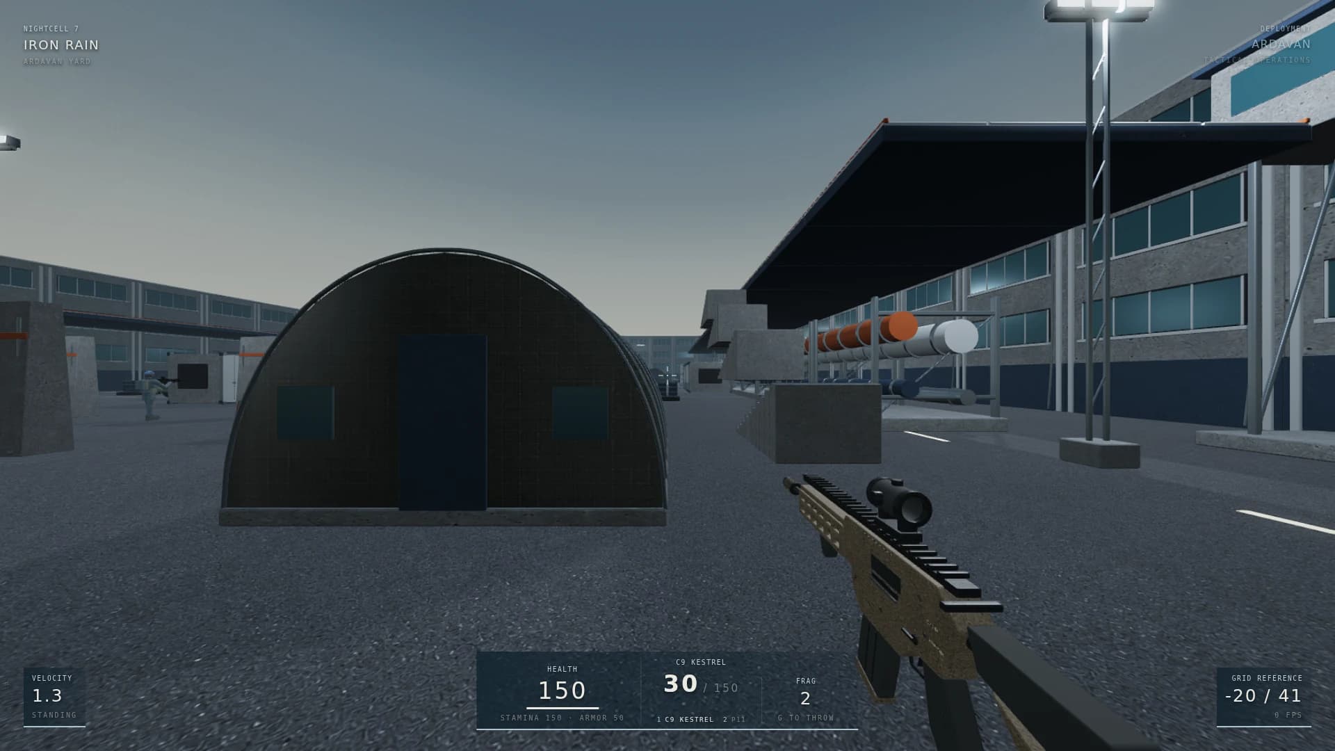 Holding the spawn exit: stamina, armour, magazine and reserve on the status bar, frag ready.