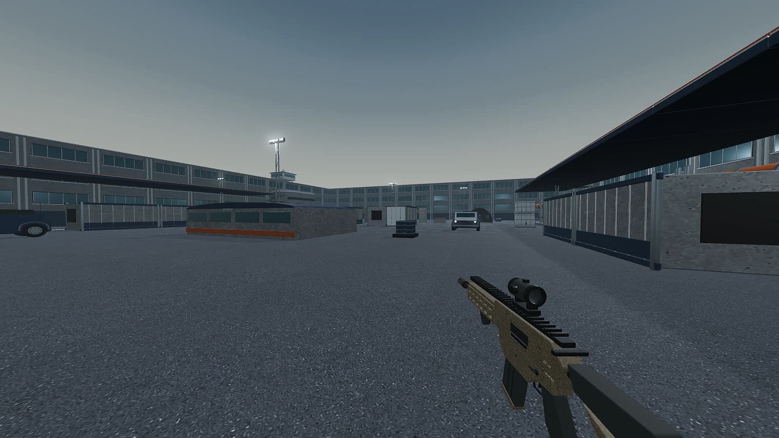 The C7 carbine beside the central hard point, with pale concrete cargo modules and the refinery structures beyond.