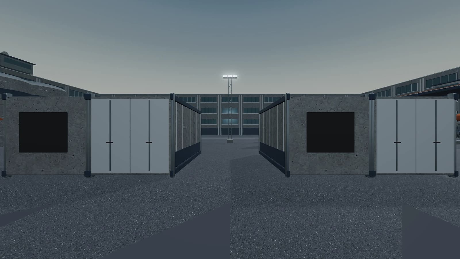 Between the northern container stacks. The concrete panels and reinforced corners provide cover in the centre lane, and both sides can reach it in the opening seconds.