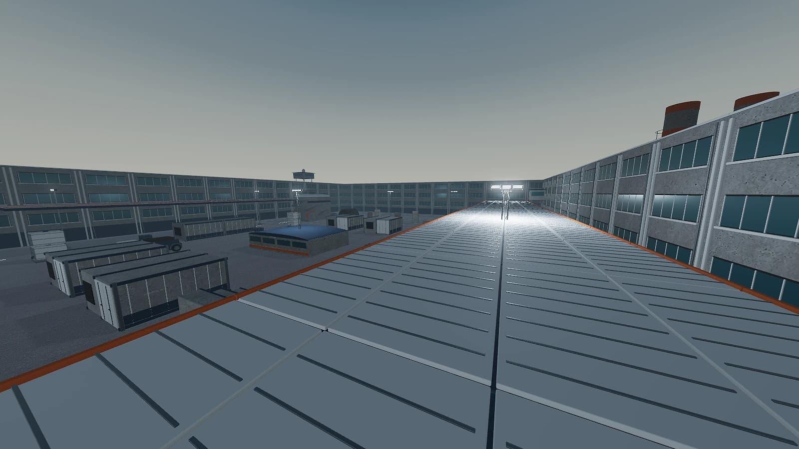 The west catwalk above the pipe rack — one of the yard's two vertical routes, and the only place both spawn markers are visible at once.