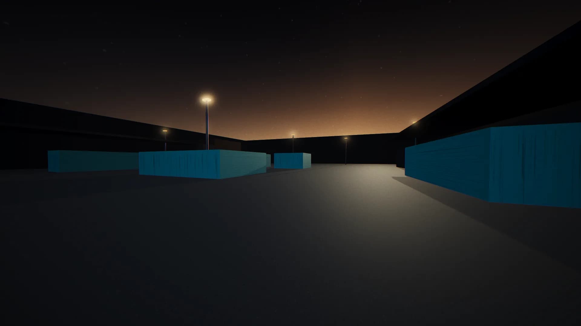 Pushing north off the central hard point. Container colour encodes the contested axis — cyan is Directorate ground — so the lane is legible without a minimap.